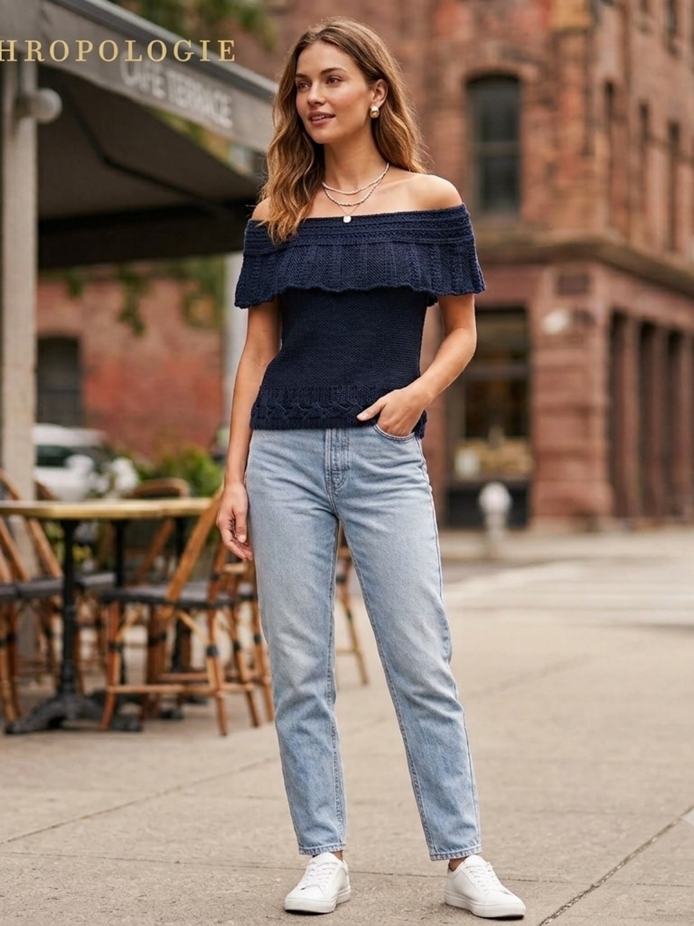 Anthropologie Navy Knit Off-Shoulder Short Sleeve Ruffle Blouse M 100% Cotton